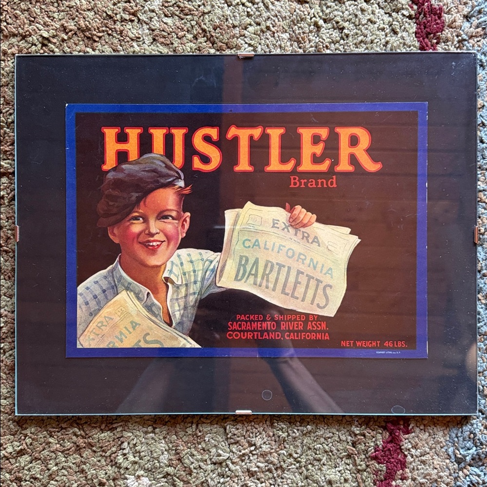 Hustler Brand California Bartletts crate label vintage newsboy framed 14x11